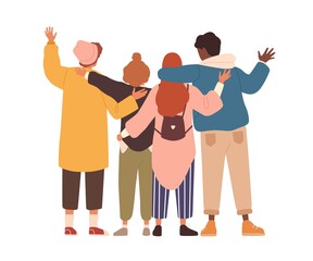 Group of young people hugging and waving hands. Students or team standing together. Friends support and unity concept. Flat vector cartoon isolated illustration on white background