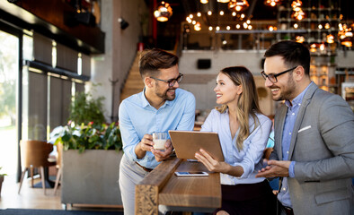 Business people coffee break meeting brainstorming chat happinness concept