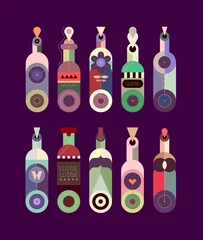 Gordijnen Gekleurde geïsoleerd op een donkere achtergrond decoratieve wijnflessen collectie grafische illustratie. Platte ontwerp van verschillende flessen. ©  danjazzia