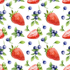 Watercolor illustration. Seamless pattern with strawberries and blueberries on a white background.