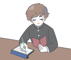 ベクター・困り顔で必死にタブレットで猛勉強する学ラン男子生徒のイラスト