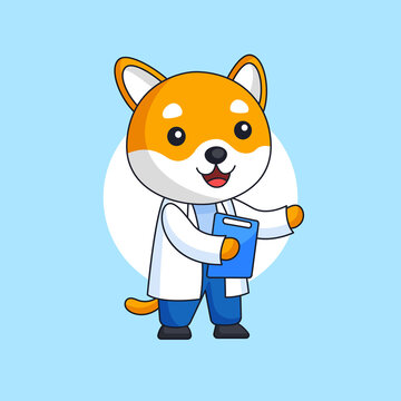 Cute Dog Wearing White Coat With Clipboard Vector Illustration For Doctor Occupation Hospital Worker Animal Mascot Character Vector Illustration Cartoon Design