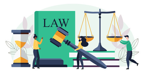 Law and justice concept. Scales of justice, the building of the judge and the hammer of the judge. Supreme Court. Vector illustration in cartoon flat style