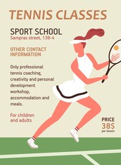 Colorful vertical announcement for tennis classes or school with sportswoman holding racquet. Advertising poster for sport lessons with a place for text. Flat vector cartoon illustration