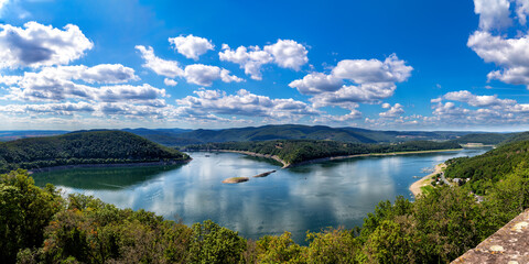 View from Waldeck Castle over the Edersee in northern Hesse, Germany. - obrazy, fototapety, plakaty