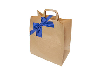 Paper bag for the delivery of purchases and shopping, decorated with a blue bow, environmental protection concept