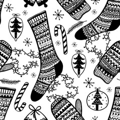 Seamless pattern holiday Merry christmas. Sketch doodle trendy style.