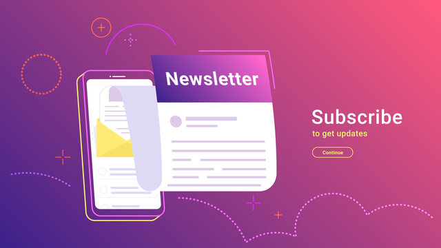 Newsletter subcription online in mobile app. Vector gradient illustration of big smartphone with new monthly letter flying out of screen for staying up-to-date and get news and updates