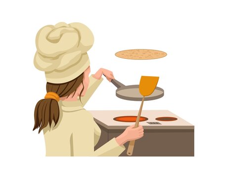 Woman chef cook. A multi-colored image of a woman cook who bakes pancakes. The background is white. There is room for text. Vector illustration.