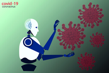 the robot works with the covid-19 virus. Help the robot with the coronavirus vaccine. Vector