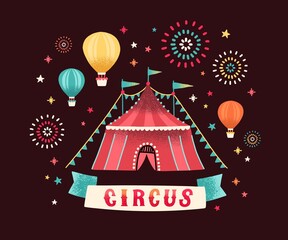 Flat vector cartoon illustration of circus tent decorated by festive flags and fireworks. Bright composition with striped shapito cirque big top and hot air balloons © Good Studio