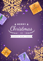 Naklejka na ściany i meble Merry Christmas and Happy New Year Greeting Background. Xmas card. Banner template. Snowflakes with gold confetti, gift boxes, garlands, bolls.