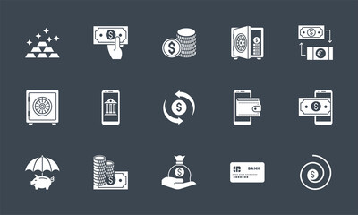 Banking icons set. Related vector glyph icons. Isolated onblack background. Vector illustration.