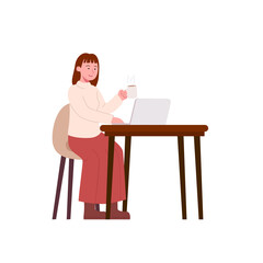 Young woman work in desk with laptop and enjoy coffee illustration