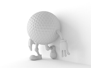 Golf ball character leaning on wall on white background