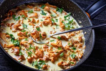creamy chanterelle sauce in a panhot creamy chanterelle sauce in a pan