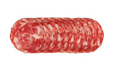 Slices of salami. Isolated on a white background. sausage cut. uncooked smoked.  