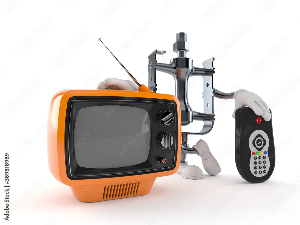 Poster Bicycle pedal character with tv set and remote