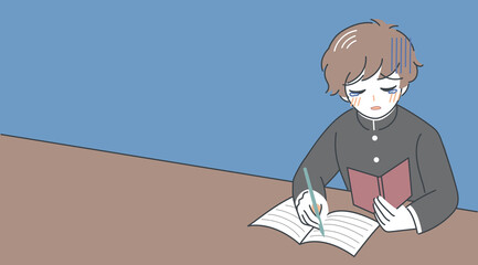 手描き風・泣きながら必死に猛勉強する学ラン男子生徒のイラスト・コピースペース