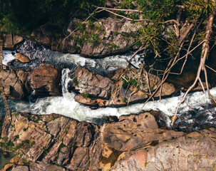 Aerial view of the river flows through the beautiful rock formation