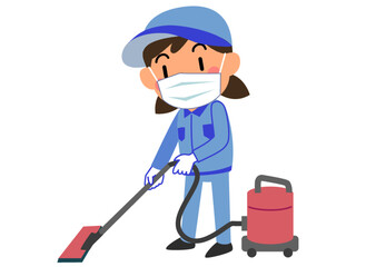マスクをつけて掃除機をかける清掃業者の女性