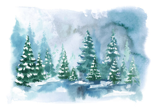 Watercolor Blue winter landscape of foggy forest hill. Wild nature, frozen, misty, taiga. Evergreen coniferous trees. Vector watercolor background.