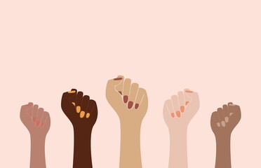 Abstract woman hands. Girl power movement mix tace, feminism concept contemporary style. Female raised fist. Vector illustration