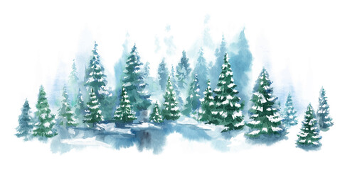 Watercolor Blue winter landscape of foggy forest hill. Wild nature, frozen, misty, taiga. Vector Horizontal watercolor background. Evergreen coniferous trees. - 389819915