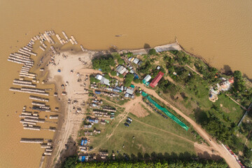 Koh Dach - Silk Island local beach, Island on Mekong river in Phnom Penh Cambodia Asia Aerial Drone...