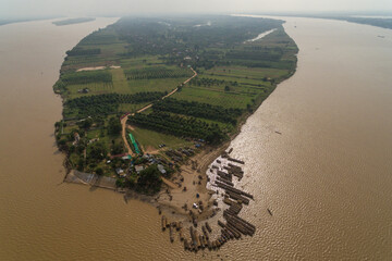 Koh Dach - Silk Island local beach, Island on Mekong river in Phnom Penh Cambodia Asia Aerial Drone...