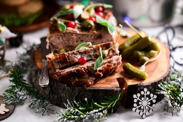   quail terrine in a Christmas decor.