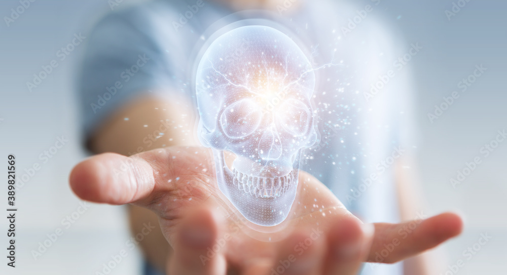 Poster Man using digital x-ray skull holographic scan projection 3D rendering