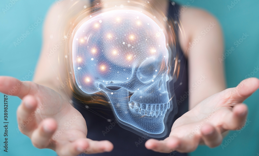 Aufkleber Woman using digital x-ray skull holographic scan projection 3D rendering