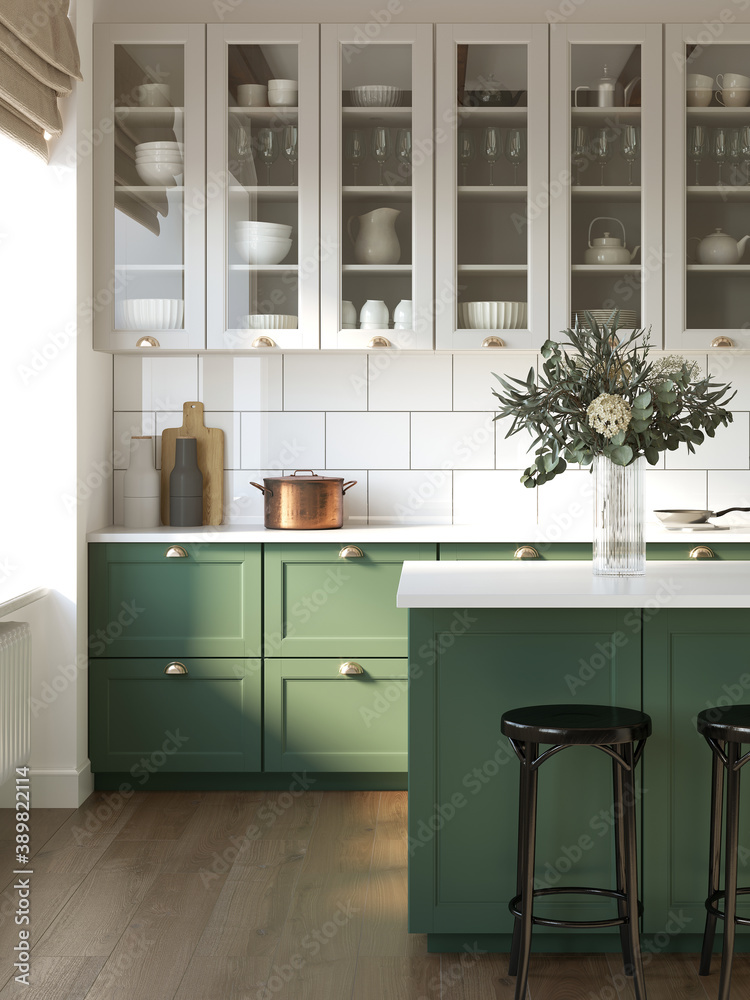 Poster 3d rendering of a green and beige rustic country kitchen with white tiles, an island and wood logs o