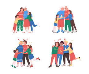 Family on winter holidays flat color vector faceless character set. Father, mother with kids. Celebrate Christmas together isolated cartoon illustration for web graphic design and animation collection