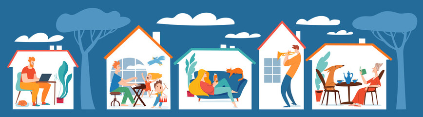 Virus protective stay home vector quarantin illustration