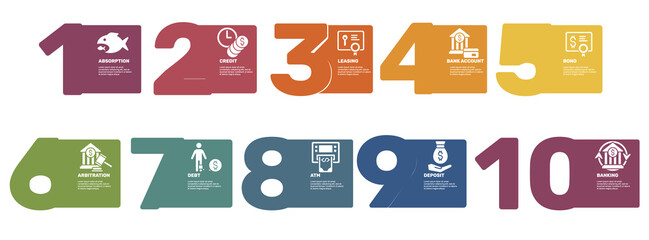 Infographic Banking template. Icons in different colors. Include Absorption, Credit, Leasing, Bank Account and others.