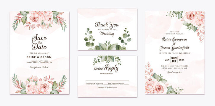 Floral wedding invitation template set with white and peach roses flowers and leaves decoration. Botanic card design concept