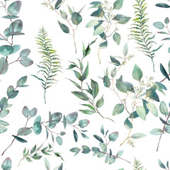 Watercolor eucalyptus branches seamless pattern. Hand painted floral texture with plant objects on white background. Natural wallpaper design