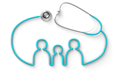 Family shaped stethoscope, medical family insurance isolated on white background. 3d render