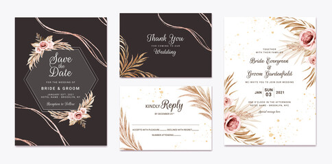 Floral wedding invitation template set with brown and peach roses flowers and leaves decoration. Botanic card design concept