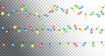 Christmas lights, isolated seamless vector decoration. Good for white, dark or colored background. Holiday border, lamps frame. Winter season illuminated garland. For New Year banners, party posters.