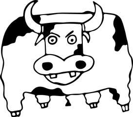 Vector illustration of a cow with big muscles, a bull in the style of doodles. Concept of wildlife, agriculture, zodiac signs, New year, Chinese New year. Can be used for books, paper, Wallpaper