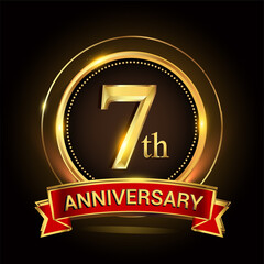 7th golden anniversary logo with ring and red ribbon. Vector design template elements for your birthday celebration.