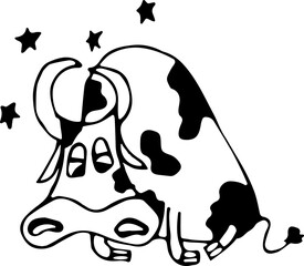 Vector illustration of a tired cow, a bull with stars above its head in the style of doodles. Concept of wildlife, agriculture, zodiac signs, New year, Chinese New year. Can be used for books, paper