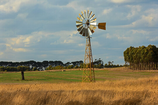 Sunlit windmill in a paddock in country Victoria, Australia.