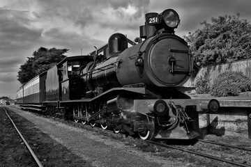 Vintage steam train at Queenscliff in Victoria, Australia - in black and white.