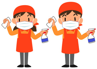 マスクをつけて拭き掃除をする清掃業者の男女