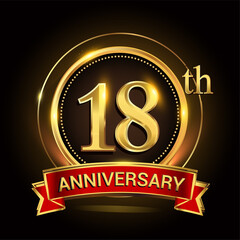18th golden anniversary logo with ring and red ribbon. Vector design template elements for your birthday celebration.