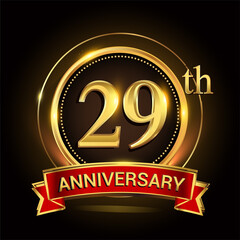 29th golden anniversary logo with ring and red ribbon. Vector design template elements for your birthday celebration.